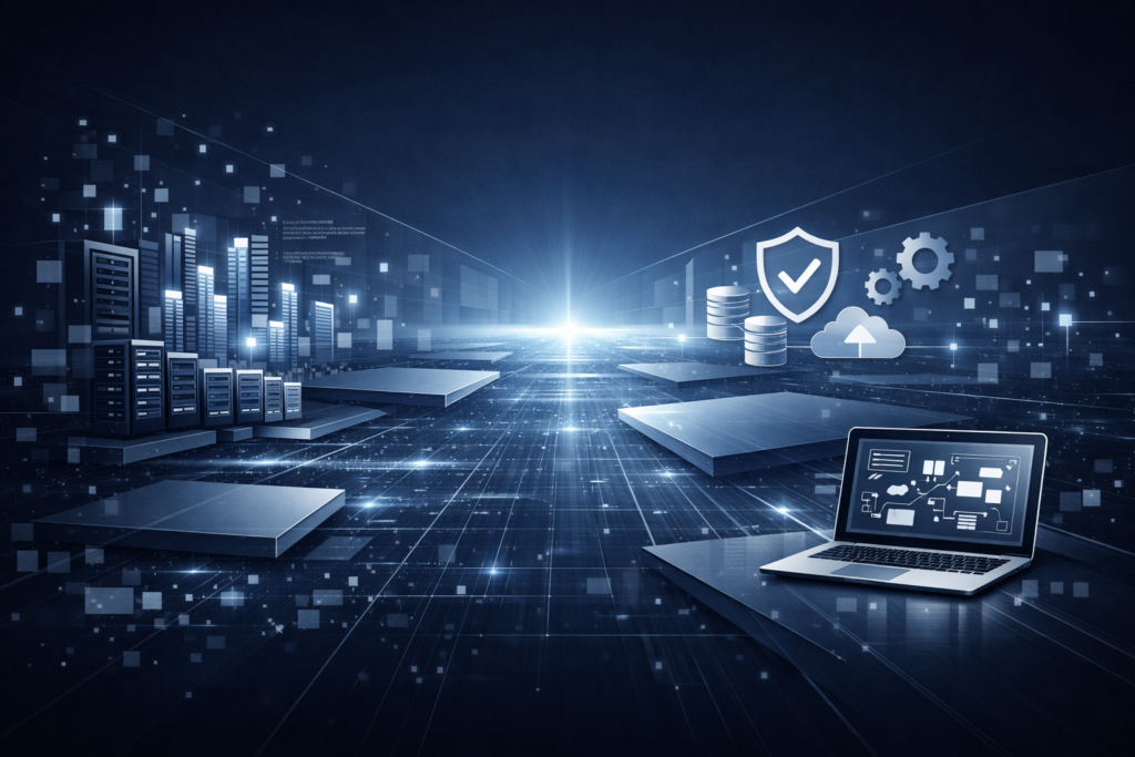 Abstrakte Darstellung einer digitalen IT-Infrastruktur mit Cloud- und Sicherheits-Symbolen.